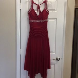 Red halter scarf hen dress and rhinestone accents